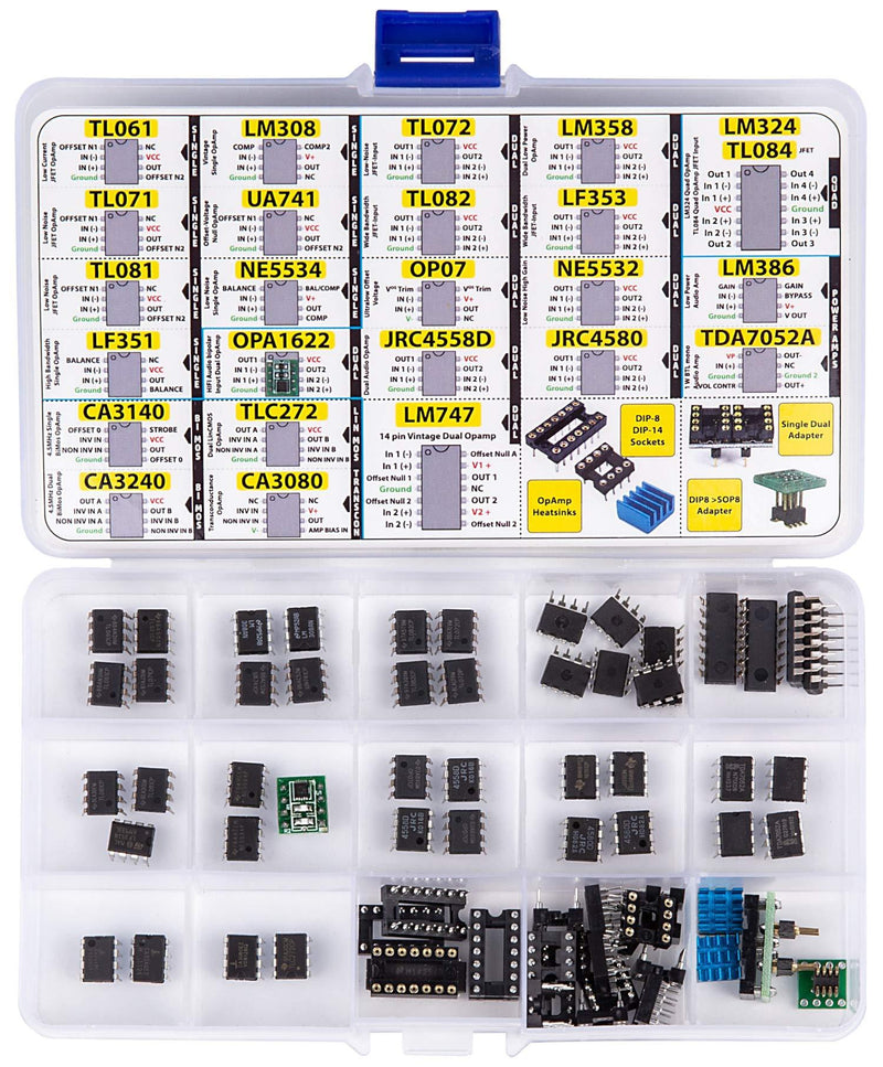 OpAmp Assortment 70 pcs incl. Sockets, TL061 TL071 TL081 UA71 LM308 LF351 LF353 NE5534 TL084 OPA1622 LM324 TL072 TL082 LM358 LM747 OP07 JRC4558D Dual NE5532 LM386 CA3080 CA3140 CA3240 TLC272 TDA7052