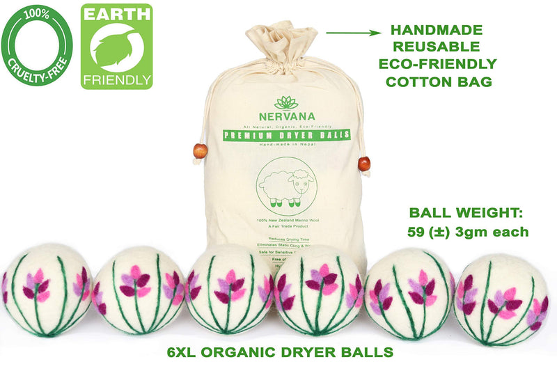 Organic Wool Dryer Balls - Lavender 6 XL Premium Quality Reusable Natural Fabric Softener, 100% Hand Made, New Zealand Merino Wool, Bunch of Lavender, Fair-Trade