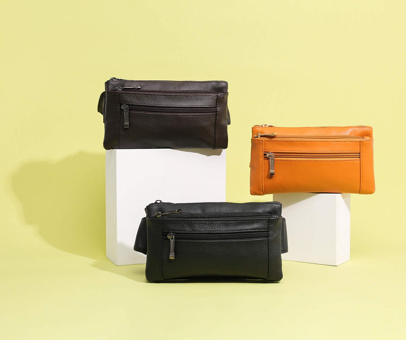 OrrinSports Leather Waist Bag Multiple Pockets Fanny Pack for Women Men Daily Life and Travel Outdoor 01#,Black