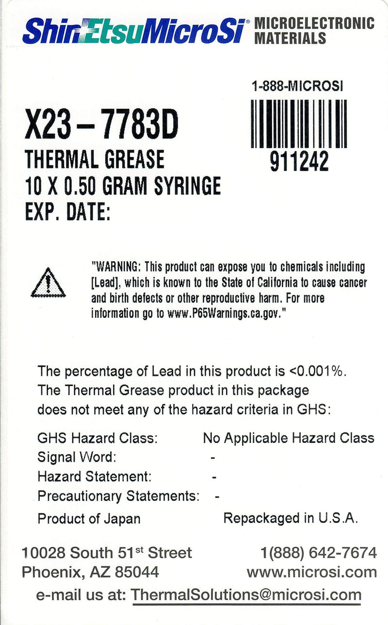 X23-7783D, Direct from Manufacturer, Shin-Etsu MicroSi Genuine High Performance Silicone Thermal Grease, Ten 0.5 gm Syringes (10x0.5 gm), with Lot #, Exp. Date