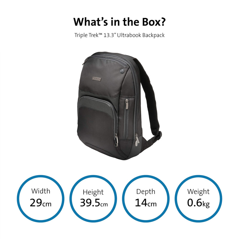 Kensington Triple Trek Slim Backpack for MacBooks, Chromebooks, Tablets & Ultrabooks up to 13-Inch-14-Inch (K62591AM), Black