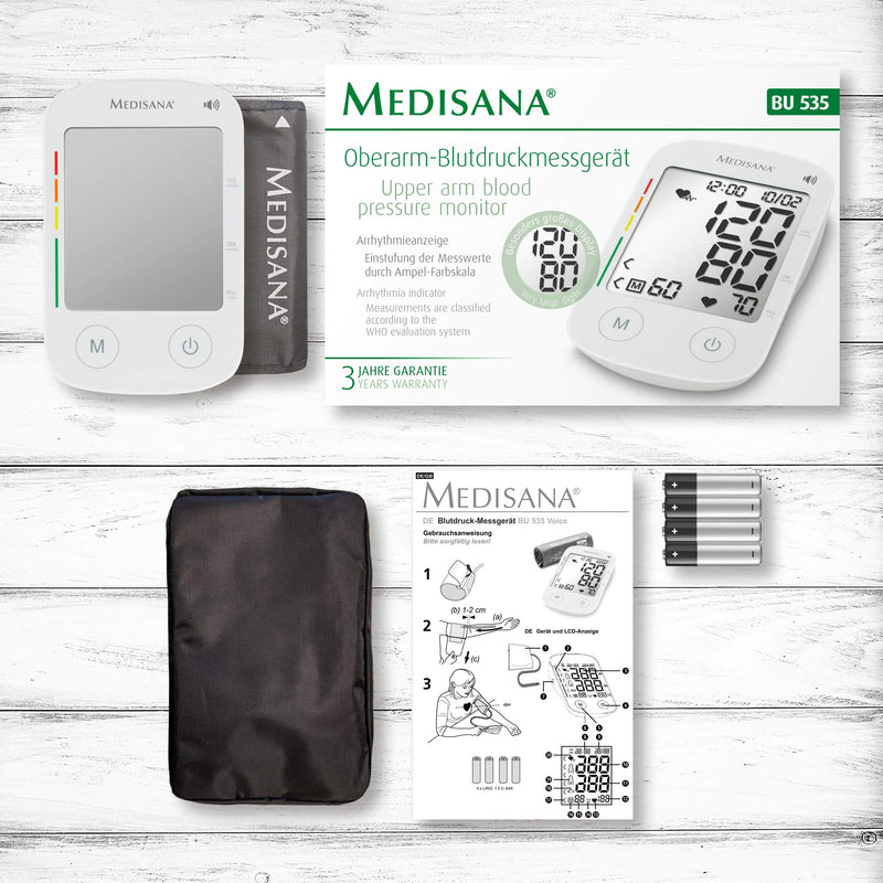 medisana BU 535 Voice upper arm blood pressure monitor, precise blood pressure and pulse measurement with memory function and voice output, traffic light scale, function for displaying an irregular heartbeat