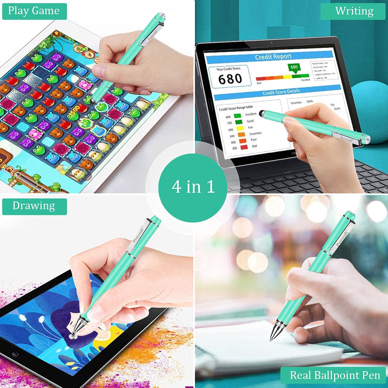 Penyeah 4-in-1 Multi Tips Black Stylus Pens for Touch Screens Bundle with Blueish Green Diamond 4-in-1 Flocked Fiber Tip Multi Tips Stylus