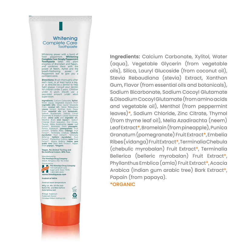Himalaya Botanique Complete Care Whitening Toothpaste, Simply Peppermint, for a Clean Mouth, Whiter Teeth and Fresh Breath, 5.29 oz, 2 Pack 5.29 Ounce (Pack of 2)