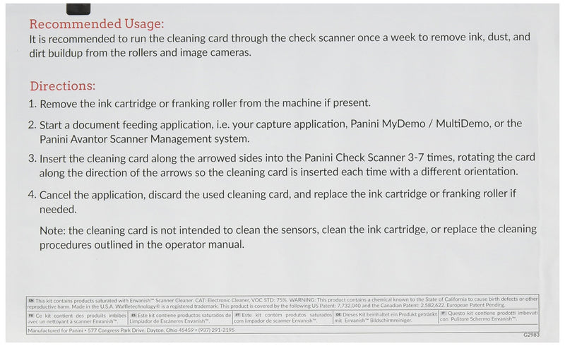 Panini Check Scanner Cleaning Cards featuring Waffletechnology (15 cards) 15 Cards