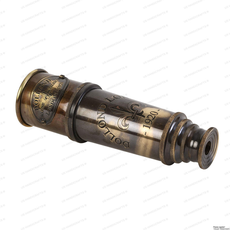 DOLLOND London 1920 Marine Collectible Décor Nautical Spyglass Antique Mounted Solid Brass 15 Inch Pirate Telescope with Wooden and Branded corrugate Box.