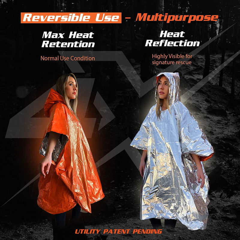 Emergency Blankets & Rain Poncho Hybrid Survival Gear and Equipment – Tough, Waterproof Camping Gear Outdoor Blanket – Retains 90% of Heat + Reflective Side for Increased Visibility – 4 Pack (Orange) Orange