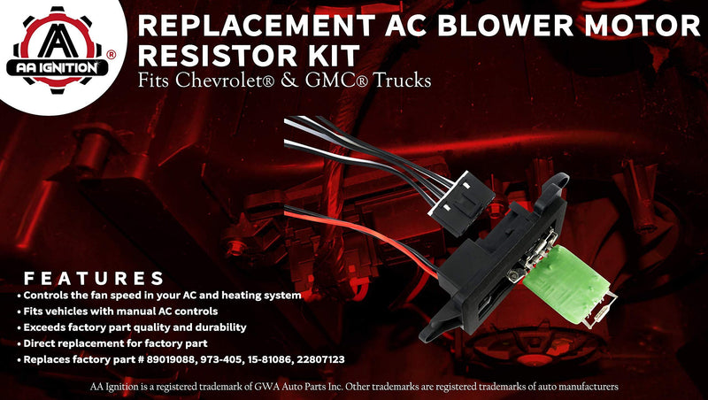 AC Blower Motor Resistor Kit with Harness - Replaces 89019088, 973-405, 15-81086, 22807123 - Compatible with Chevrolet, GMC & Cadillac Vehicles - Silverado, Tahoe, Suburban, Avalanche, Sierra, Yukon
