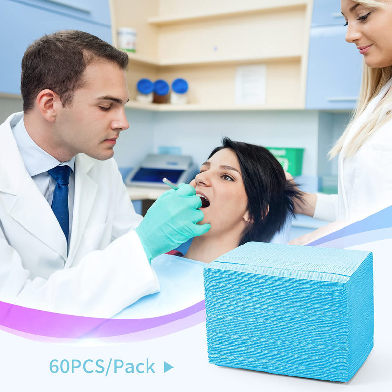 60 PCS Dental Bibs Disposable Polyback Towel Waterproof Patient Bibs, Blue Tray Covers Place Mats Great for Dentists, Nail Techs, DIY Beauty,Tattoo Artists - 13" x 18"
