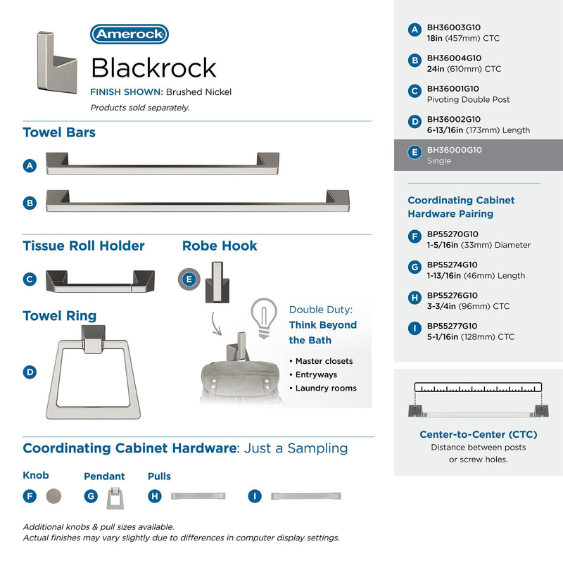 Amerock | Single Robe Hook | Satin Nickel | Blackrock | Towel Hook | Bath Hardware | Bathroom Accessories Brushed Nickel