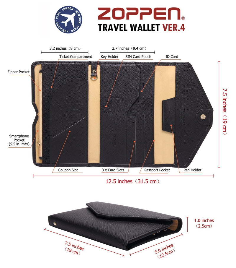 Zoppen Multi-purpose Rfid Blocking Travel Passport Wallet (Ver.4) Tri-fold Document Organizer Holder #1 black
