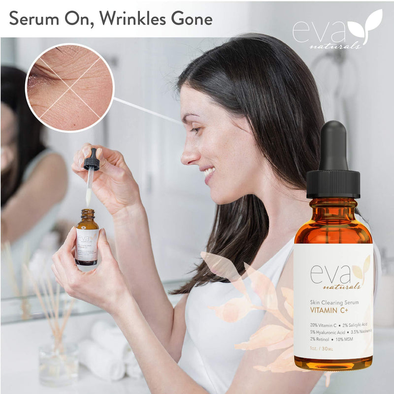 Eva Naturals Vitamin C Serum Plus 2% Retinol, 3.5% Niacinamide, 5% Hyaluronic Acid, 2% Salicylic Acid, 10% MSM, 20% Vitamin C - Skin Clearing Serum - Anti-Aging Skin Repair, Face Serum (1 oz) 1 Ounce (Pack of 1)