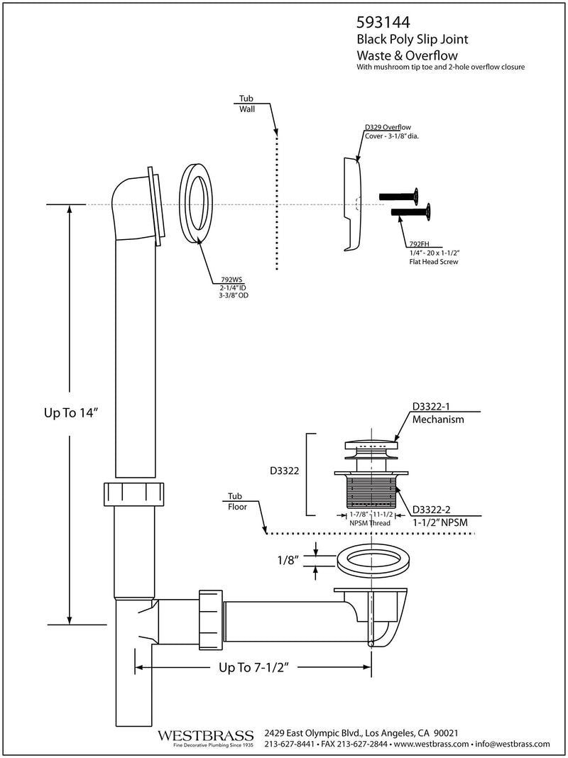 Westbrass 593144-62 Black 1-1/2" Tubular Tip Toe Bath Waste Drain Kit, Matte Black 1 Pack