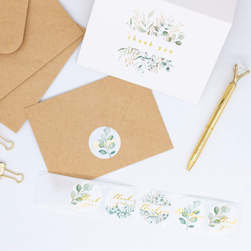 Gooji Thank You Stickers – 500Pcs Roll Greenery Gold Foil Thank You Stamp – 1.5 Inch Thank You Stickers for Packaging – 4 Designs – Ideal for Wedding and Party Favors, Envelopes, Boutiques