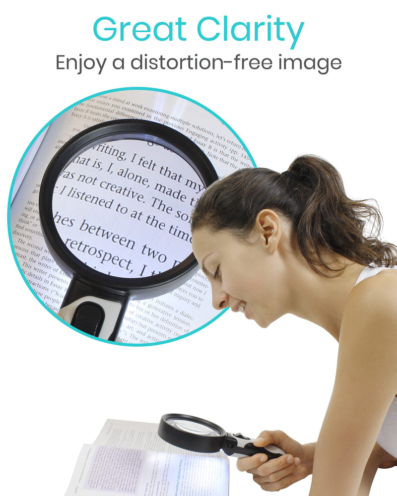Vive LED Lighted Magnifying Glass - Page Magnifier for Reading - Kids Handheld Glasses - Large, Portable 5x 10x Lenses - Jewelry Loupe with Light - Anti Glare Zoom for Seniors - Lightweight, Magnified