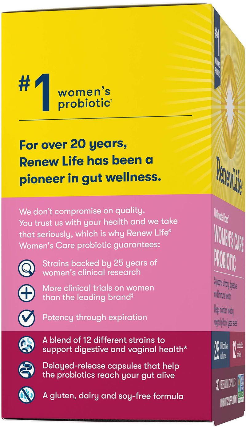 Renew Life Women's Probiotics 25 Billion CFU Guaranteed, 12 Strains, Shelf Stable, Gluten Dairy & Soy Free, 30 Capsules, Ultimate Flora Women's Care 30 Count