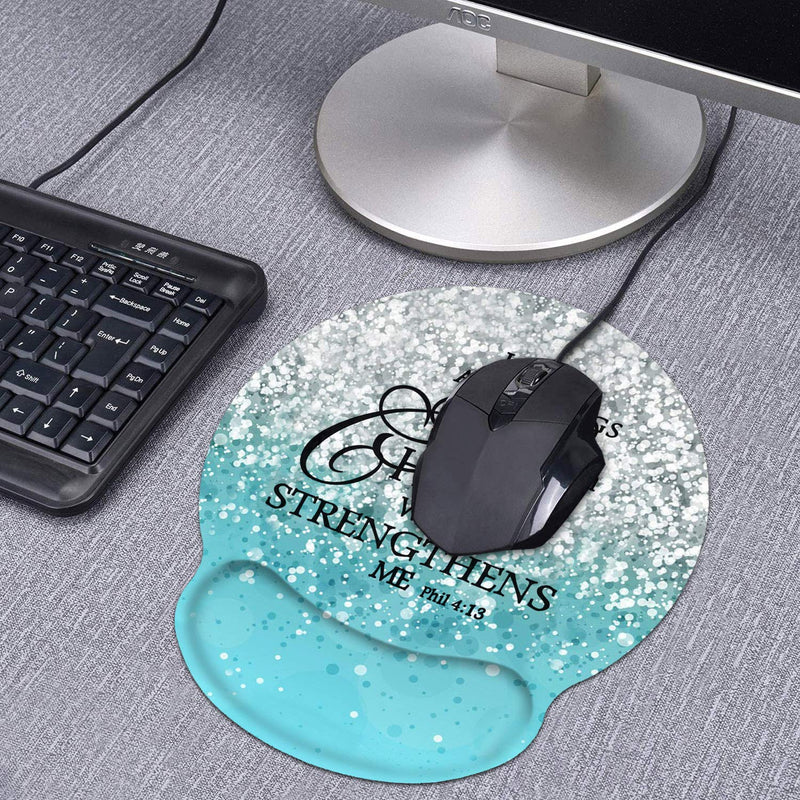 Ergonomic Mouse Pad Wrist Support and Coasters Set, Cute Wrist Rest Pad with Non-Slip PU Base for Home Office Working Studying Easy Typing & Pain Relief, Blue Glitter Christian Bible Verse Phil 4-13 Bw-wrist Pad-18