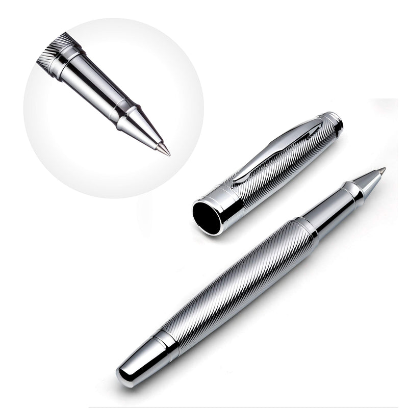 ZenZoi Elegant Chrome Rollerball Pen Set – Full Body Metal Luxury Pen with Schneider Fine Point Pen Refills + Gift Case. Perfect Birthday, Promotion, Anniversary Gift for Men and Women Silver