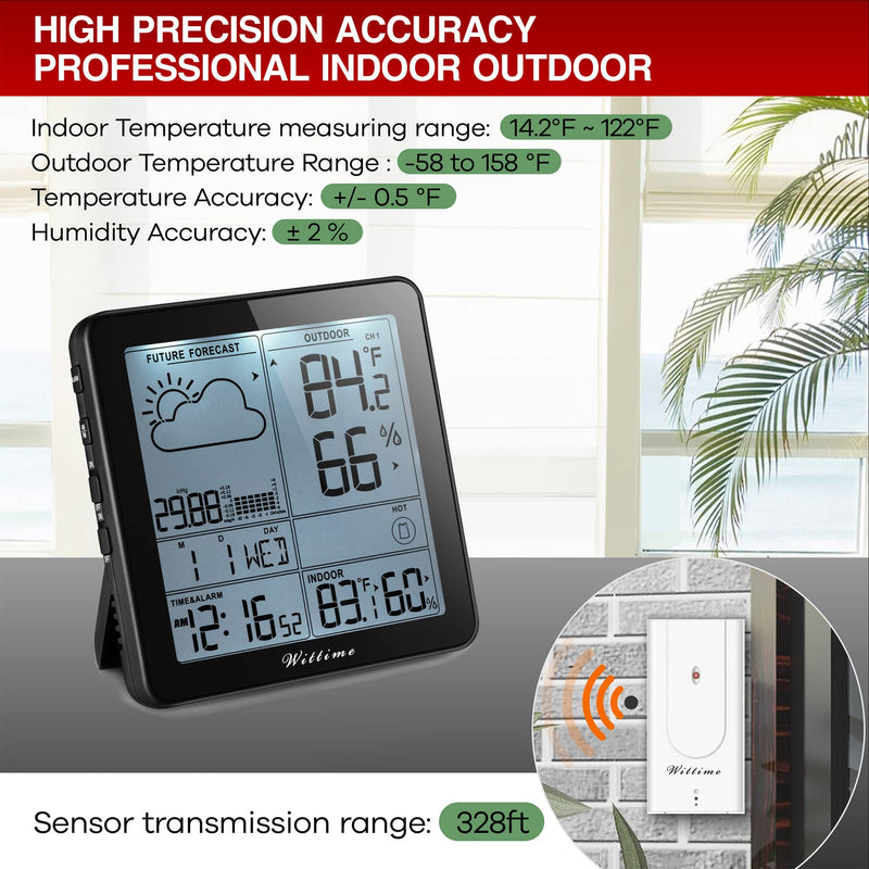 Wittime 2180 Weather Station Indoor Outdoor Thermometer Wireless Hygrometer Wireless Digital Temperature and Humidity Monitor Inside Outside Thermometer for Home with Sensor