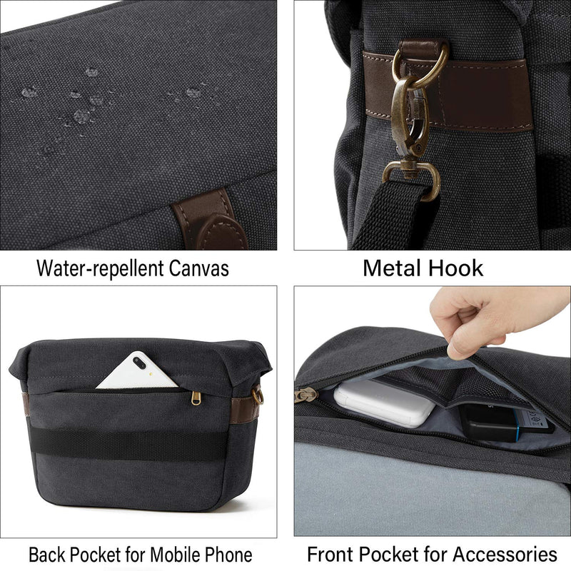Camera Bag, BAGSMART SLR DSLR Canvas Camera Case, Vintage Padded Camera Shoulder Bag with Rain Cover for Women, Men, Black 01-Black