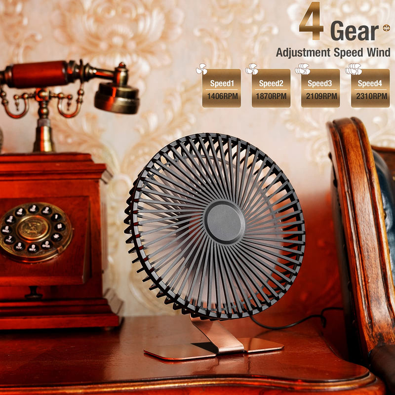 SLENPET 6 inch USB Desk Fan, 4 Speeds, Ultra-quiet, 90Â° Adjustment for Better Cooling, Portable Mini Powerful Desktop Table Fan, Small Personal Cooling Fan for Home Office Outdoor, Bronze
