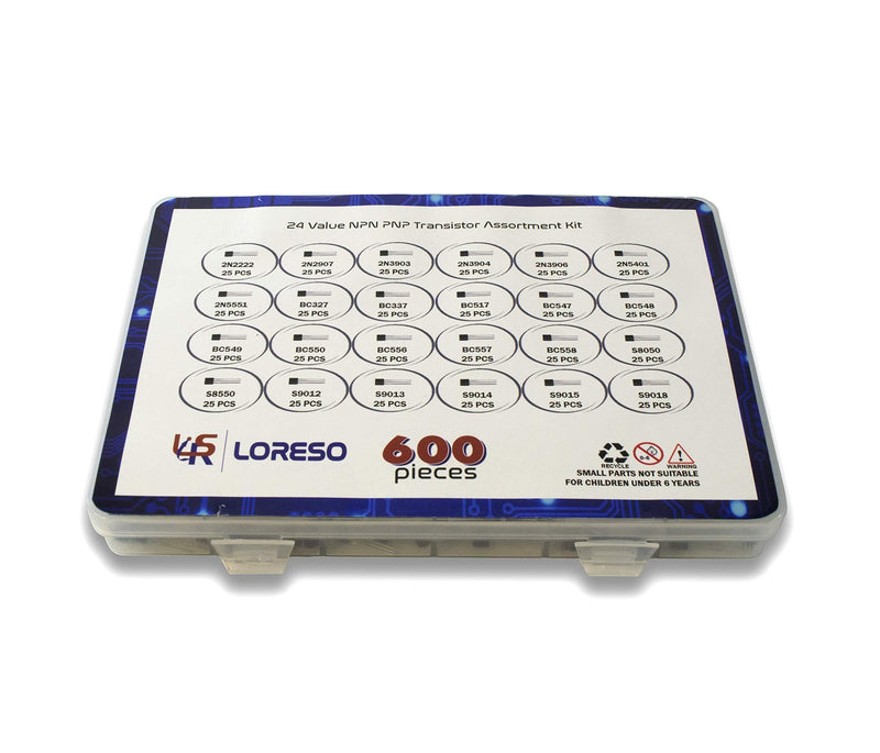 Transistor Assortment Kit Box by Loreso - 600 Piece 24 Value NPN PNP Transistor Box 2N2222 2N2907 BC327 BC337 BC556 2N3903 S9012 for Hobby Electronics, Audio-Video, Repair & Electronic Projects
