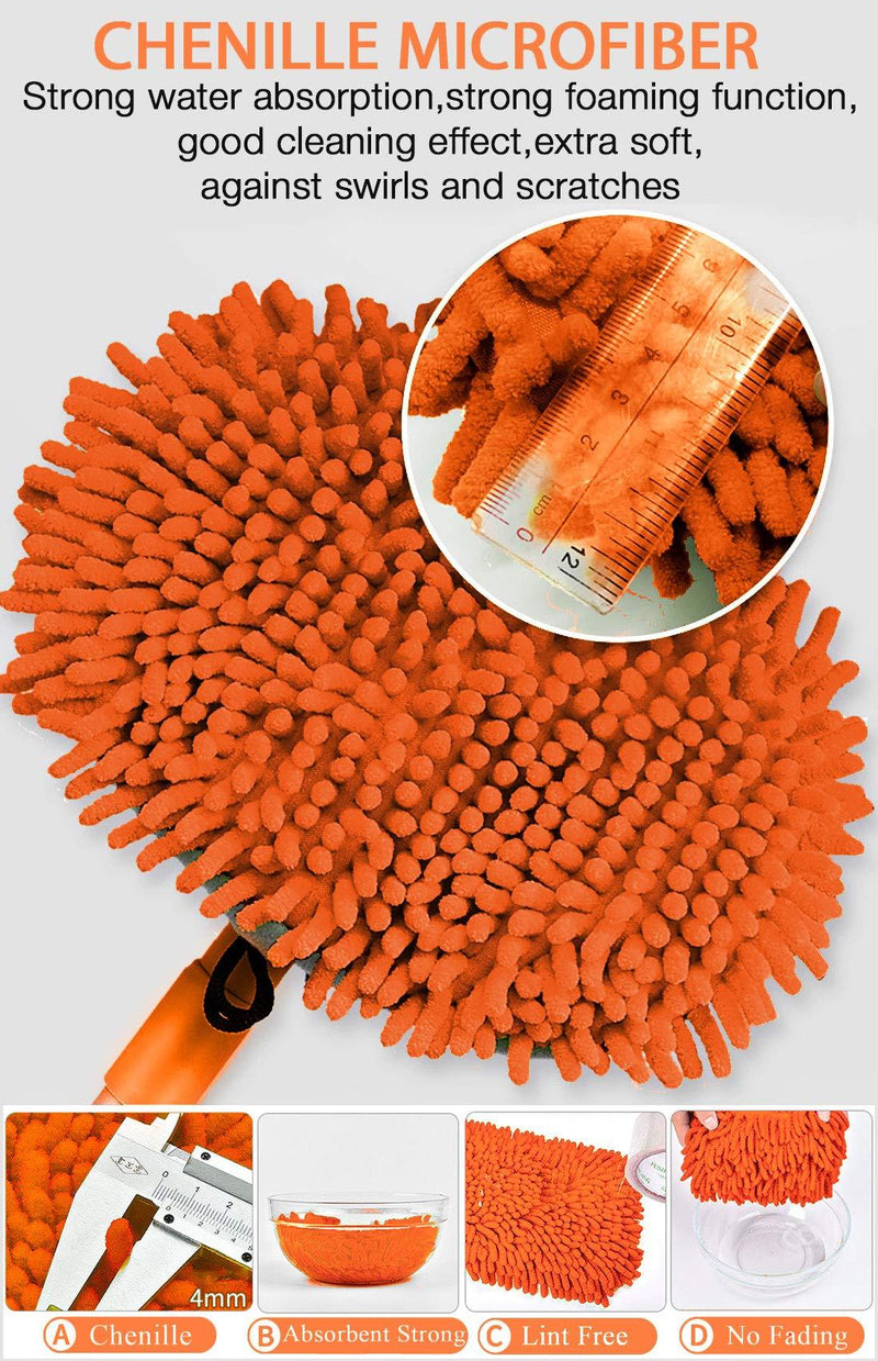WillingHeart 47.5" Car Wash Brush Mop Cleaning Tool with Long Handle Kit for Washing Detailing Cars Truck, SUV, RV, Trailer, Boat 2 in 1 Chenille Microfiber Sponge Duster Not Hurt Paint Scratch Free Orange