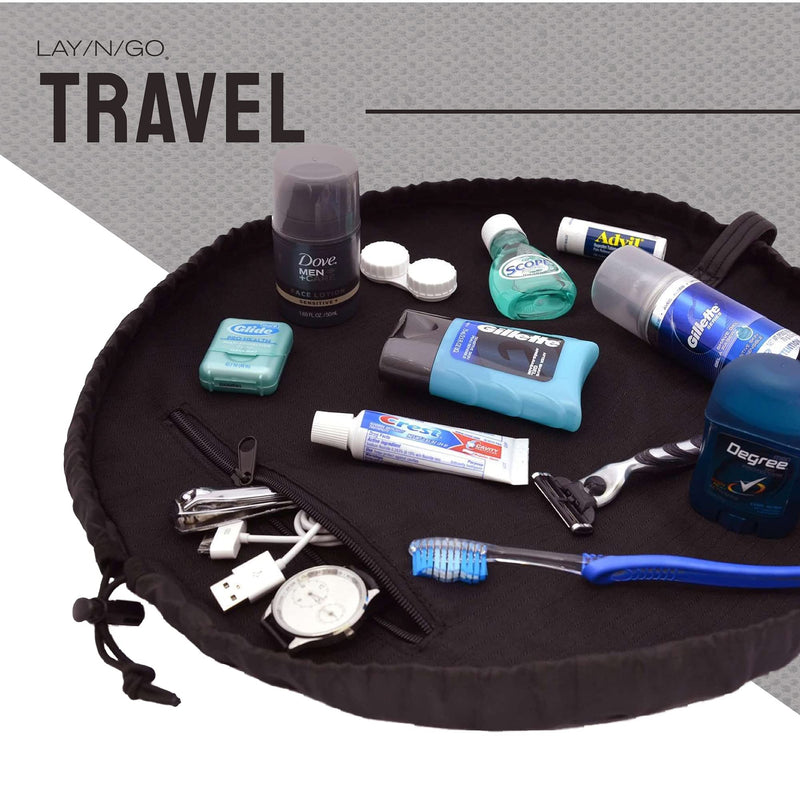 Lay-n-Go Traveler Essentials Drawstring Shaver & Dopp Kit Toiletry Carry On Organizer & Travel Bag for Men and Women, Machine Washable with a Durable Patented Design, 20 inch, Black