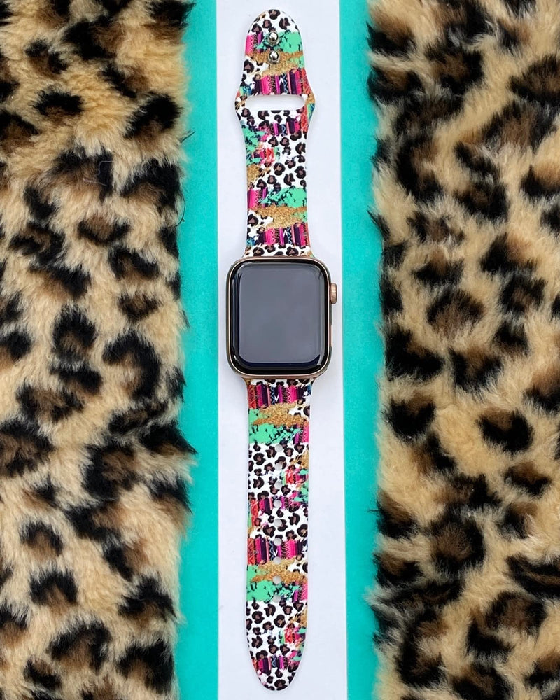 LuxBands Leopard Printed Watch Band Compatible with Apple Watch Bands 38mm 40mm 41mm 42mm 44mm 45mm Silicone Replacement for iWatch Series 8 7 6 5 4 3 2 1 SE, Leopard Serape Western 42-45mm Small/Medium