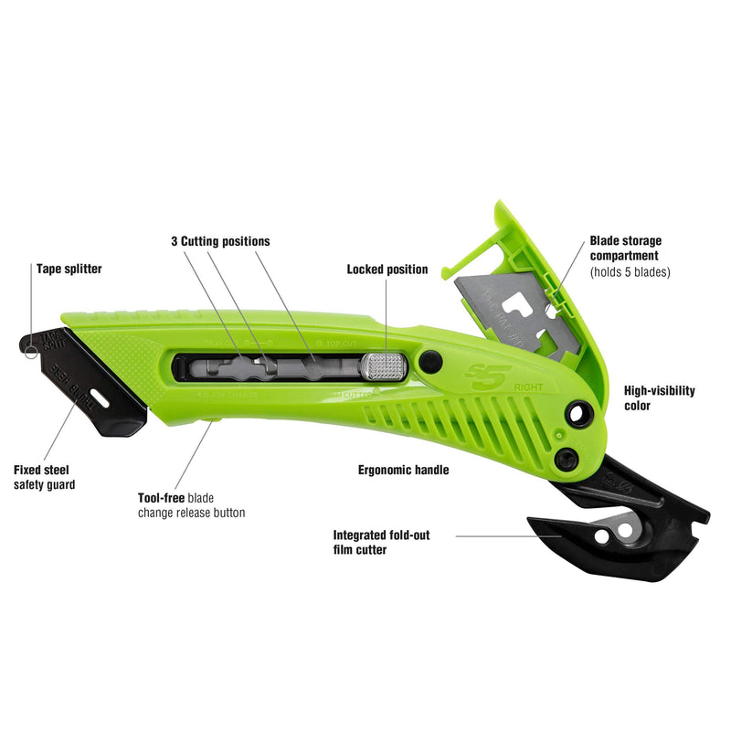 Pacific Handy Cutter S5R Safety Cutter, Right Handed Retractable Utility Knife & Ergonomic Film Cutter, Bladeless Tape Splitter, Steel Guard, Safety & Damage Protection, Warehouse & In-Store Cutting , green