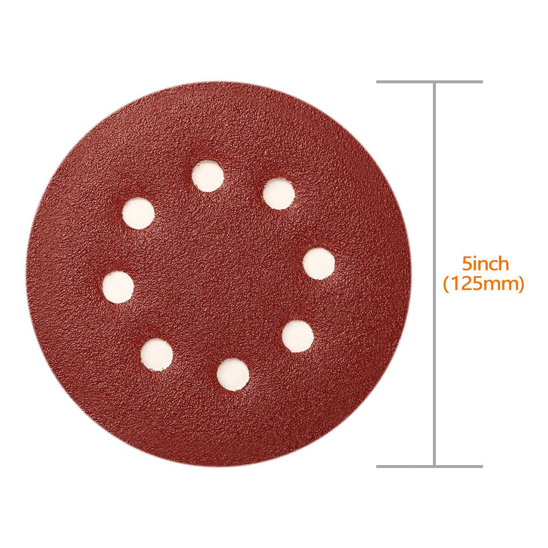 SPTA 100 pieces 125 mm 40/80/120/180/320/400/600/800/1500/2000 sanding discs Velcro sandpaper Velcro sanding sheets sandpaper eccentric sander grit, x10 each, 8 holes for eccentric sanders