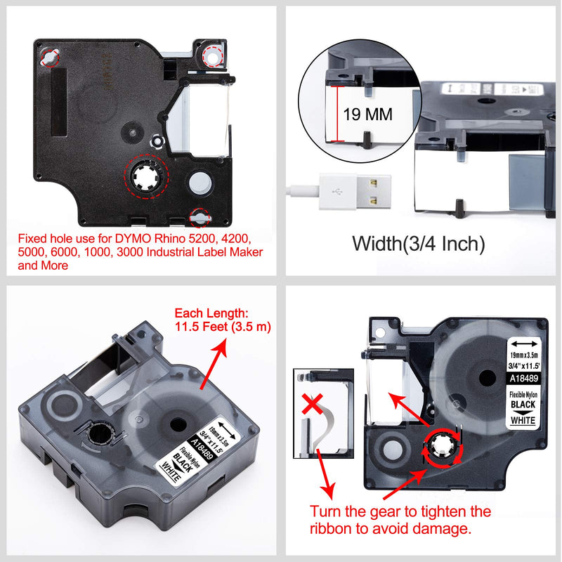 Compatible Nylon Label Tape 3/4 Replace for Dymo 18489 Rhino 5200 4200 Label Tape 3/4 Flexible Nylon Label Tape for Dymo Rhino 5200, 4200, 5000, 6000 Label Tape Black on White 3/4'' x 11.5', 4 Pack