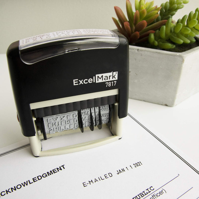 ExcelMark 12 Phrase Self-Inking Date Stamp - 2" x 1/4" Impression - Black Ink (7817)