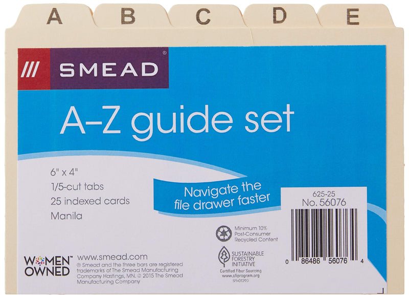 Smead Card Guide, Plain 1/5-Cut Tab (A-Z), 6"W x 4"H, Manila, 25 per Set (56076)