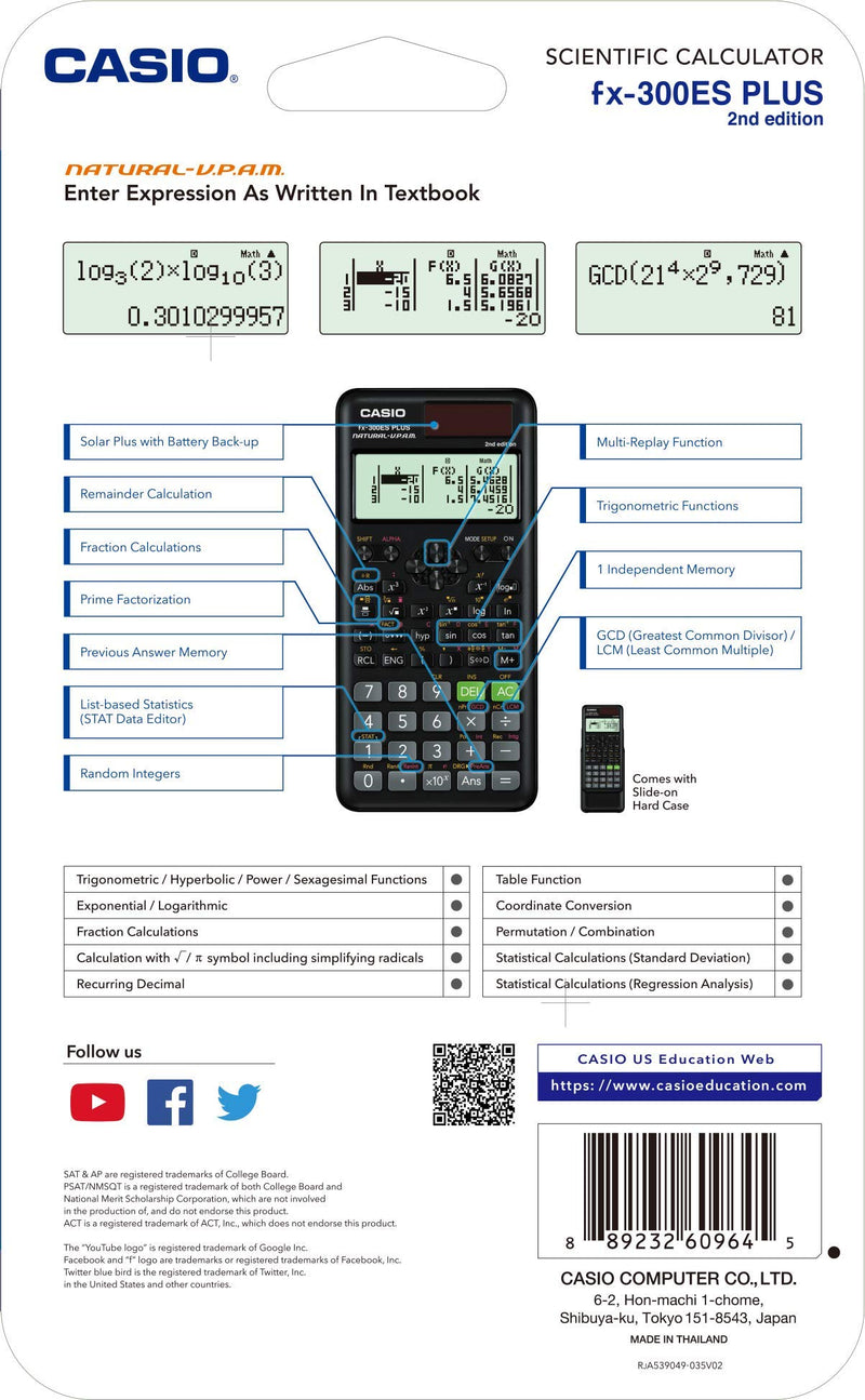 Casio fx-300ESPLUS2 2nd Edition, Standard Scientific Calculator, Black