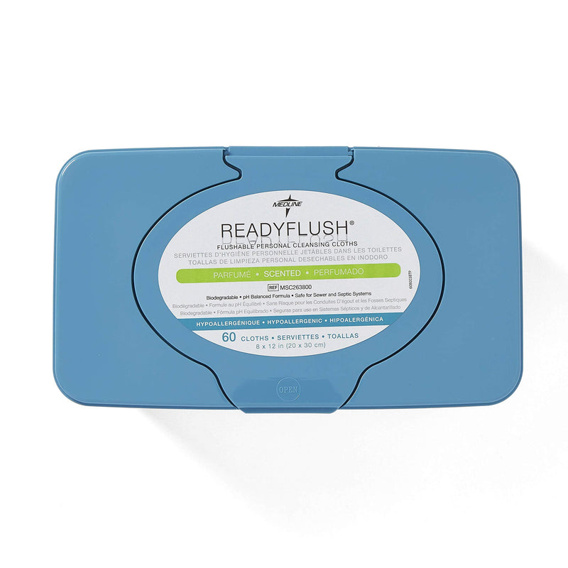 Medline ReadyFlush Large Adult-Sized 8x12 Personal Cleansing Cloths - Tub of 60 Flushable Wipes Standard