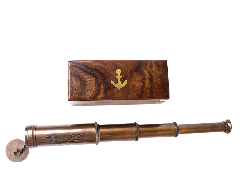 Vintage Copper Finish Telescope with Wooden Box Marine Gift London 1917