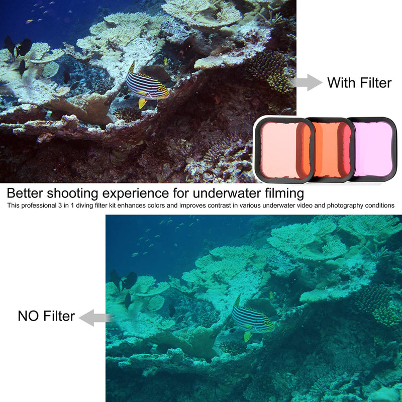 GEPULY Waterproof Housing Case with Diving Filters for GoPro Hero 5 6 7 Black Hero (2018) Cameras - 45M Underwater Diving Housing Shell with Red/Light Red/Magenta / x5 Close-up Filters Waterproof Case with 4 Filters for Hero 5/6/7 Black