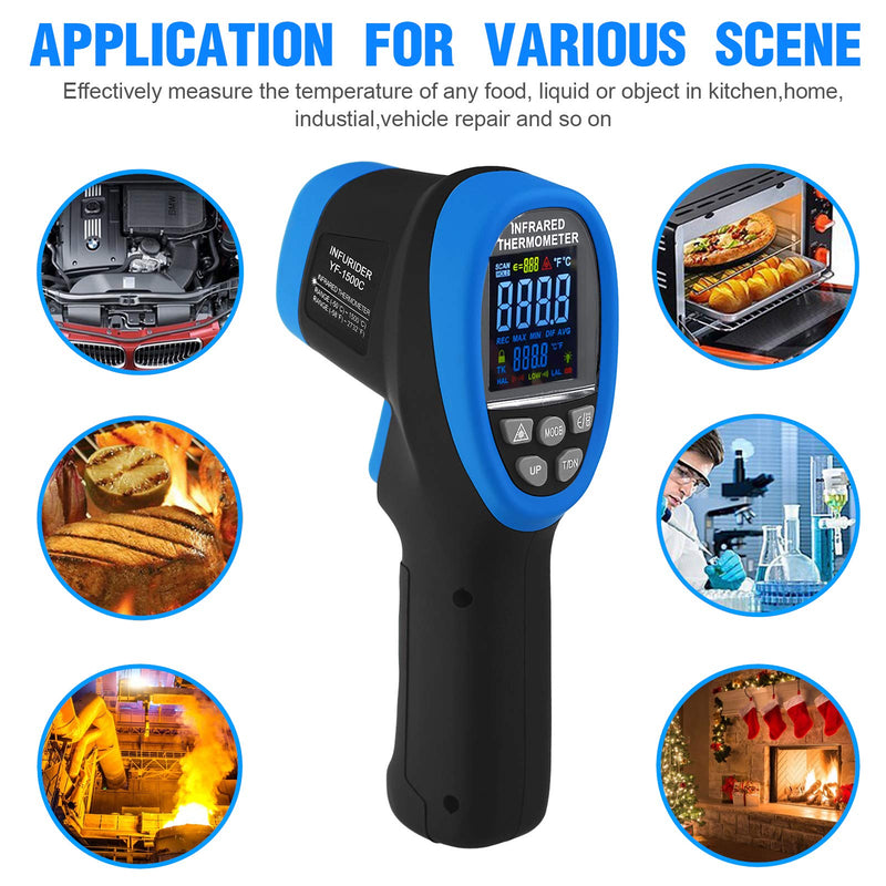 Digital Infrared Thermometer, INFURIDER YF-1500C(-58℉~2732℉) Non-Contact Laser Temperature Gun 30:1 High IR Temp Gauge Pyrometer with Color LCD Screen Max/Min Alarm【Not for Human Temp Test】 2.1500C(-58~2732℉)