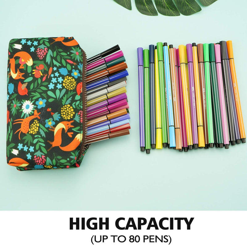 LParkin Woodland Animals Fox Canvas Pencil Case Fabric Zipper Pouch Gift For Friends Red Fox Zipper Pouch Gadget Bag Make Up Case Cosmetic Bag Stationary Kawaii Box Green