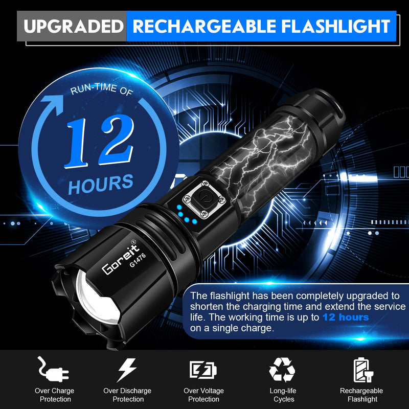 Flashlight High Lumens Rechargeable, Goreit 20000 Lumen Led Flashlights XHP70.2 USB Super Bright Flash Light, High Powered Handheld Flashlights for Emergencies Camping, IP67 Waterproof, Zoomable Black