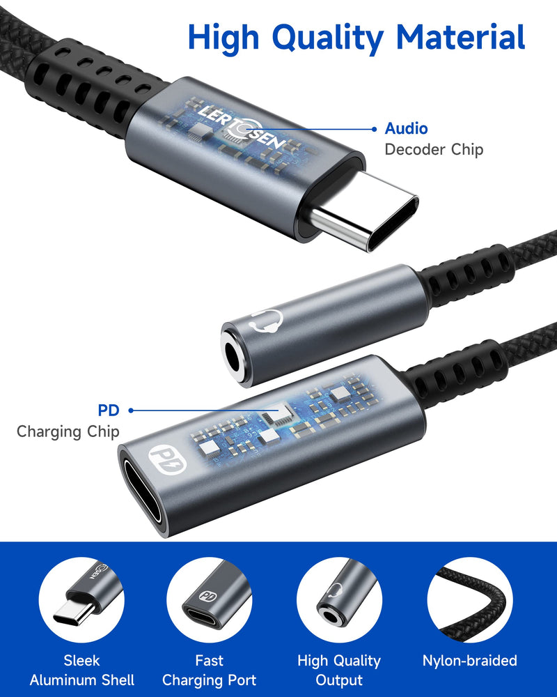 USB C to 3.5mm Headphone and Charger Adapter,LERTOSEN 2 in 1 USB C PD 3.0 Charging Port to Aux Audio Jack and 60W Fast Charging Dongle Cable Cord for Galaxy S22/S21/S20/Note 20,Pixel 6/5/4/XL,iPad Pro Splitter 2-in-1 Headphone Adapter
