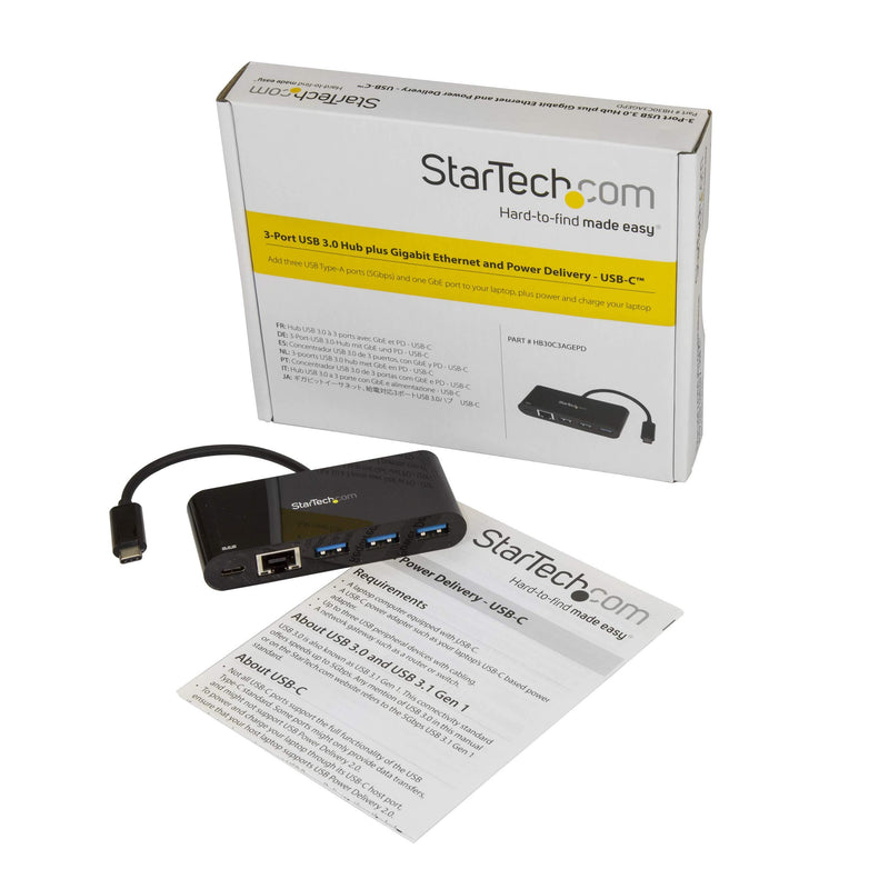 StarTech.com 3 Port USB-C Hub with Gigabit Ethernet & 60W Power Delivery Passthrough Laptop Charging - USB-C to 3x USB-A (USB 3.0 SuperSpeed 5Gbps) - USB 3.1/3.2 Gen 1 Type-C Adapter Hub (HB30C3AGEPD) Black w/ 4 Port Hub and Power Delivery