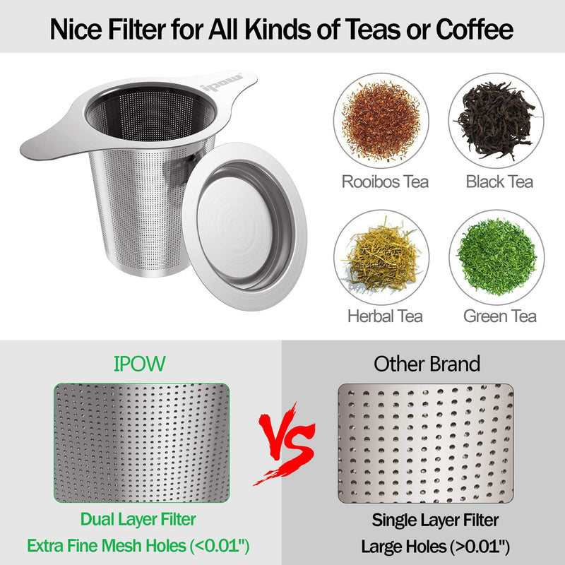 IPOW Upgraded 18/8 Stainless Steel Tea and Coffee Infuser Fine Mesh Filters Tea Strainer Steeper Double Handles for Hanging on Teapots, Mugs, Cups to steep Loose Leaf Tea and Coffee 1 Pack
