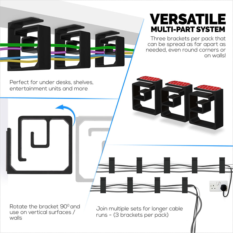 3pc VHB Cable Organizer Holder, for Heavy Cables, PC Cords & Wires with Strong Adhesive, Under Desk Mount Management System - (Black) XL Black