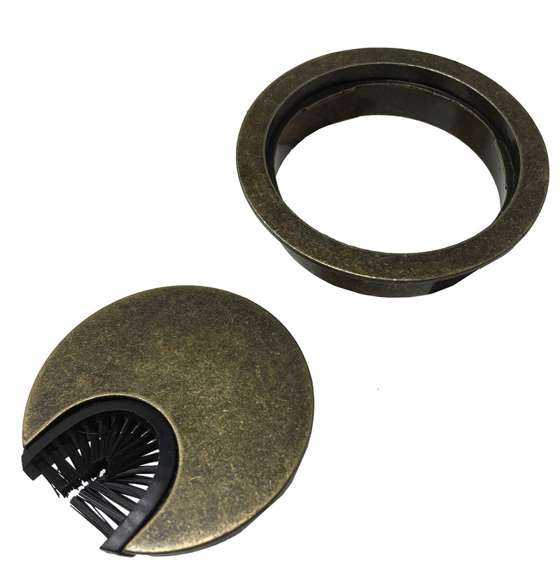 Antique Brass Metal Cable Grommet - 2 Piece"Lock in" Feature with"Brush" Opening for Management of Office & Computer Desk Wires - 60mm (2 3/8") Hole Opening - 5 Pack 5 Grommets Antique Brass