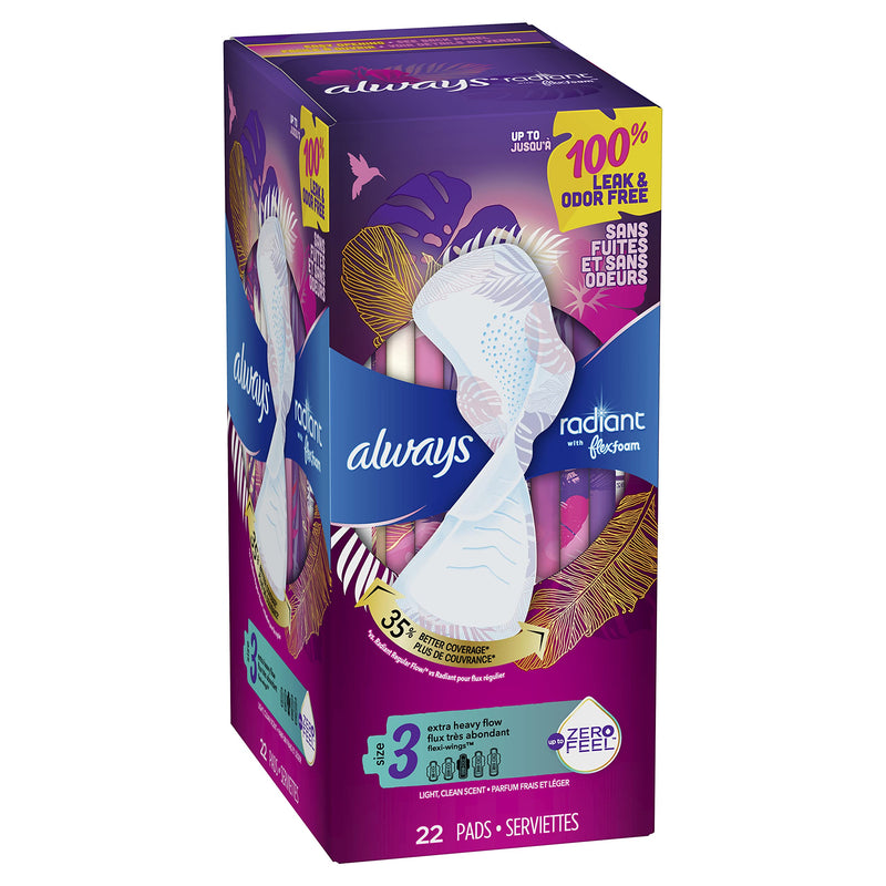 Always Radiant Pads, Size 3, Extra Heavy Flow Absorbency, Scented, 22 Count