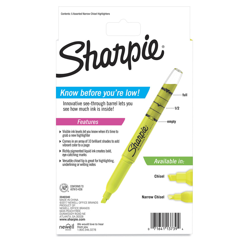 Sharpie Ink Indicator Stick Highlighters, Chisel Tip, Assorted Fluorescent, 5 Count