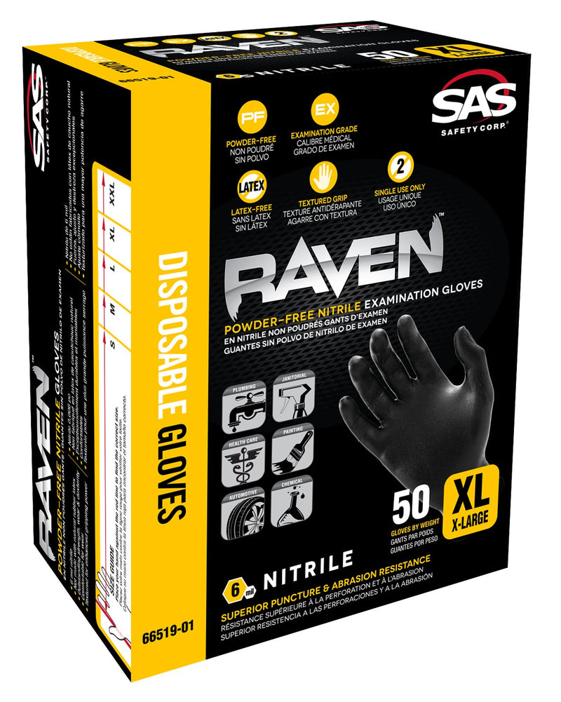 SAS Safety 66519-01 Raven Powder-Free Exam Grade Nitrile - 6 mil 50 Gloves per box