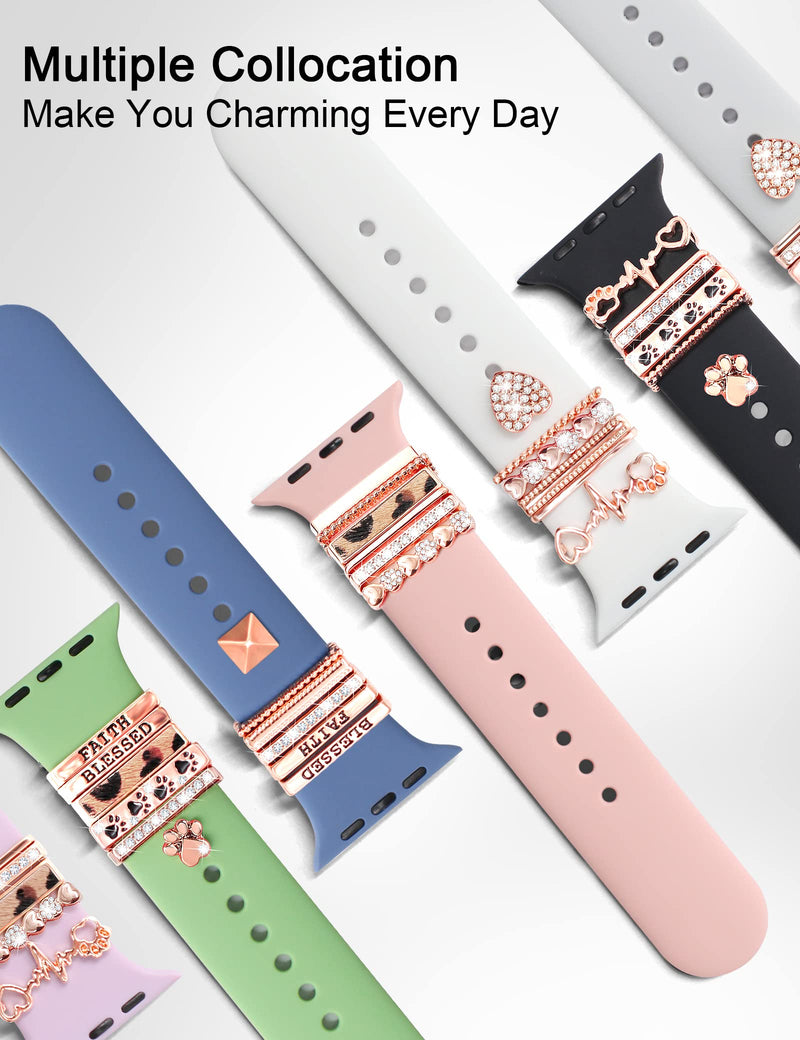 JR.DM 13 Piece Rose Gold Apple Watch Charms With 10-Pcs Decorative Rings Loops & 3-Pcs Classic Clasp, Compatible With Smart Watch 38mm 40mm 41mm 42mm 44mm 45mm Metal Diamond Sliding Strap Accessories for iWatch Series 8 7 6 5 4 3 2 1 (No Watch Band)
